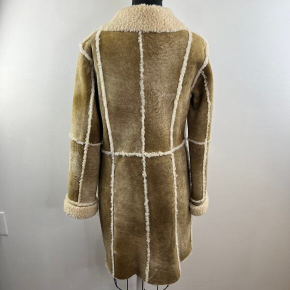SUNDANCE Tan Suede Leather Sherpa Shearling Long Midi Coat Jacket Collar 12 - Picture 7 of 9